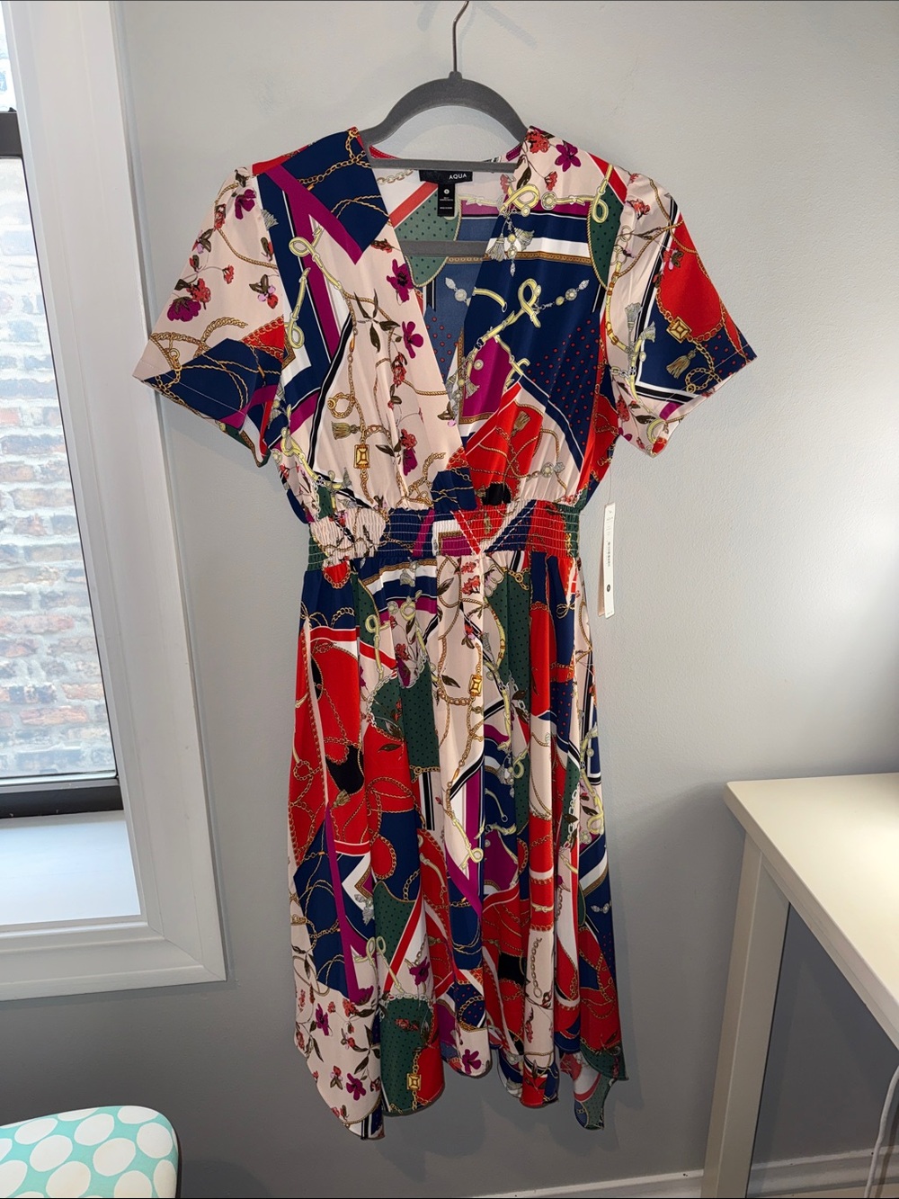 Aqua Multi-Color Chain Print V-Neck Midi Dress - Navy, Red, Pink, Cream, Green